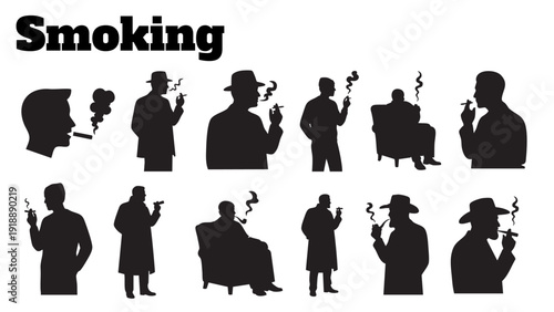 male silhouettes in various poses smoking cigarettes and pipes with smoke clouds