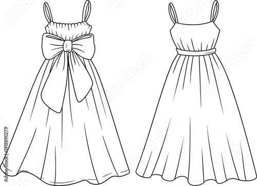 Girls Spaghetti Strap Maxi Dress Technical Flat Sketch Front and Back View Bow Waist A Line Gown Vector Illustration