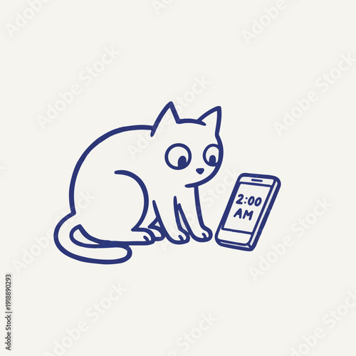 Vector line art cat staring at smartphone screen at 2am representing digital addiction and sleepless night lifestyle
