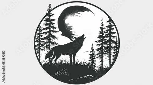 Silhouette of wolf howling at moon surrounded by trees in circular design