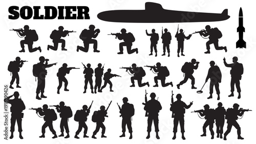 black silhouettes of soldiers in different combat poses and military submarine ship