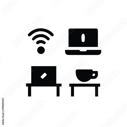 Remote work silhouette icons featuring laptop and coffee mug Vector illustration