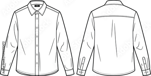 Men Long Sleeve Button Down Shirt Technical Flat Sketch Front and Back View Classic Collared Apparel Vector Illustration