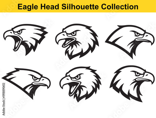 Eagles head silhouette set with various beak positions and angles featuring eagle, bird, profile with angry and fierce elements for sharp, talons projects, clean composition on simple background