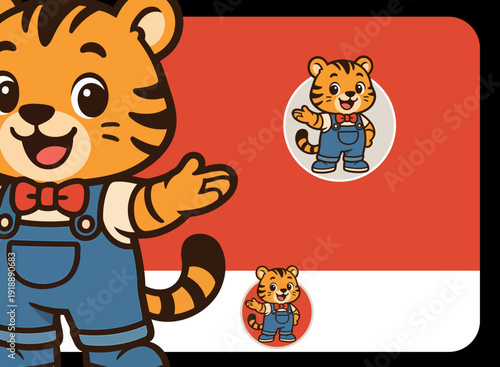 This friendly cartoon tiger wearing overalls presents a fun and vibrant image perfect for a design studio, capturing a playful spirit and creativity.