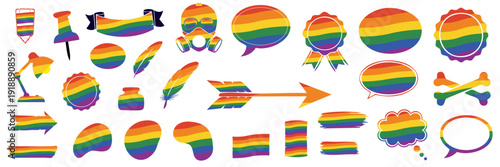 collection of rainbow colored icons including office supplies lightbulb and speech bubbles