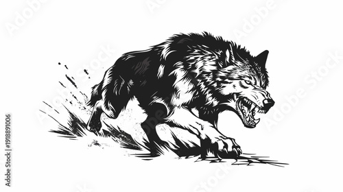 Dynamic black and white illustration of a running wolf isolated on white background