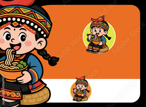 This charming illustration depicts a playful boy in a traditional outfit, happily holding a bowl of noodles, representing culinary delight and cultural authenticity.