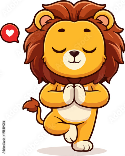This lovable lion strikes a yoga pose exuding tranquility and love, complemented by a heart, embodying the character's playful yet serene nature in a delightful setting.