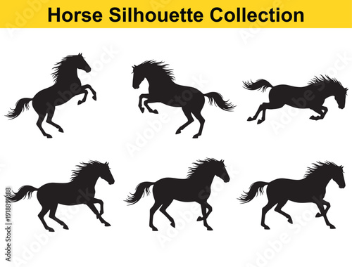 Horses silhouette set with six running, rearing and galloping poses, black equine shapes isolated on white background for logo, clipart, tattoo and design use