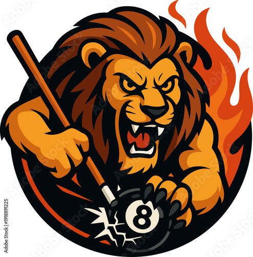 A fierce lion plays pool with determination, surrounded by flames. This striking graphic embodies strength and competition, appealing to sports enthusiasts and animal lovers.
