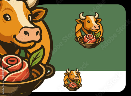 This vibrant image depicts a cartoon cow holding a bowl of beef, symbolizing culinary artistry, comfort food, and a rustic charm in food branding and illustration.