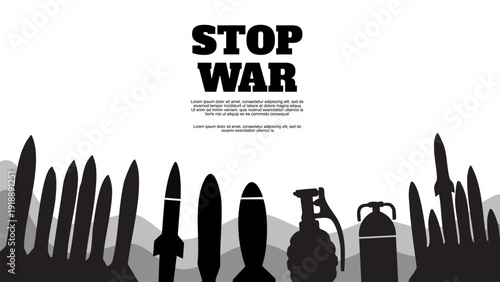 row of missiles and grenades silhouettes under bold stop war text message
