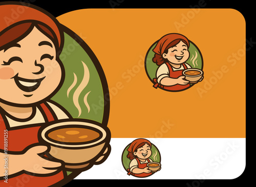 A joyful cook character holding a steaming bowl of soup, radiating warmth and hospitality, ideal for culinary art, food blogs, and cozy restaurant themes.