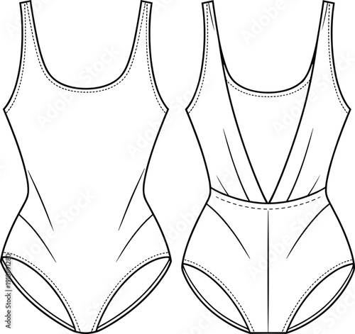 Women One Piece Swimsuit Technical Flat Sketch Front and Back View Scoop Neck Bodysuit Vector Illustration