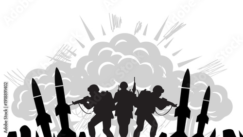 soldiers fighting against huge explosion smoke clouds and flying missiles in battlefield