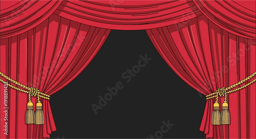 Red velvet stage curtains with golden tassels drawn open against a dark background, ready for a performance or presentation.