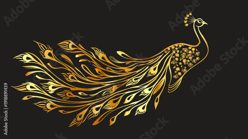 Elegant golden peacock illustration against dark background for decorative purposes