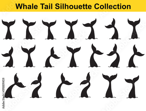 Whale tails silhouette set with various ocean animal shapes and designs featuring marine life, black shape, sea creature with aquatic and mammal elements for wildlife, nature projects, clean