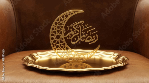 Golden crescent moon with arabic calligraphy on a decorative tray ramadan mubarak symbol on a brown background with elegant patterns