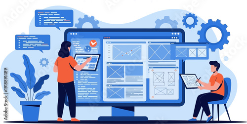 Two developers collaborating on UI/UX design and web development projects, showcasing a modern workflow with multiple screens and coding elements.