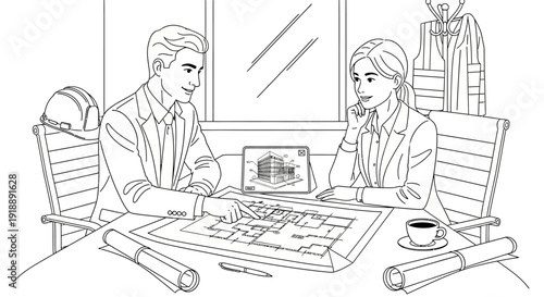 Two architects or engineers discussing building blueprints and a 3D model on a laptop.