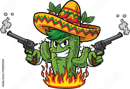 Cartoon cactus character wearing sombrero and holding guns, funny western mascot illustration with fire, bold colors, and playful Mexican themed design style