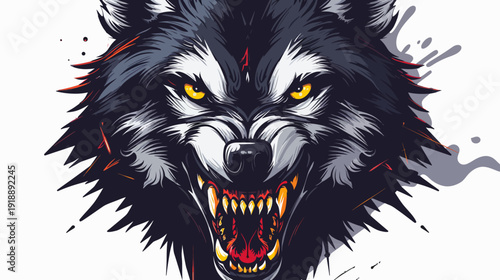 Ferocious wolf head illustration with aggressive expression and sharp teeth
