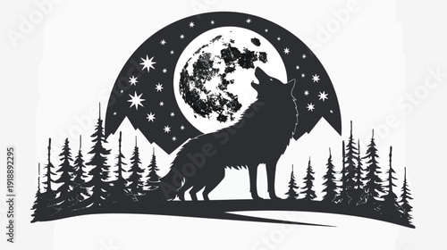 Silhouette of a howling wolf with moon and stars in a nighttime nature scene