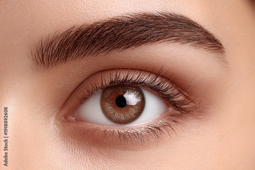 Obraz premium Close-up of a hazel human eye with long eyelashes, and a well-groomed eyebrow, conveying beauty, health, and attention to personal appearance and eye care.