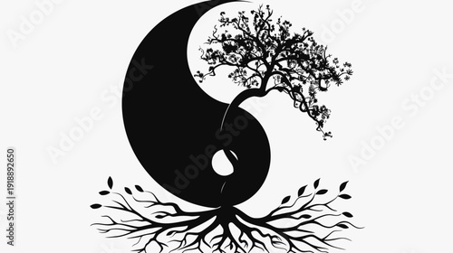 Yin yang symbol with tree and roots harmony and balance concept
