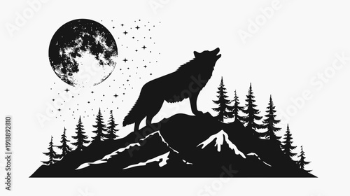 Silhouette of wolf howling at the moon above mountain landscape