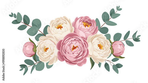 Elegant floral arrangement featuring delicate pink and white peonies intertwined with fresh green eucalyptus leaves, perfect for sophisticated design projects.