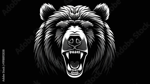 Bold bear head illustration with open mouth in grayscale for design