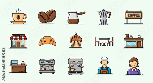 A collection of flat design icons depicting various elements of a coffee shop, including drinks, food, equipment, and people.