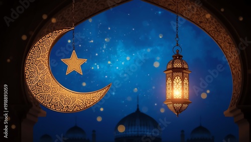 Shiny golden crescent moon and star lantern with abstract arabic pattern and arabic lantern in the mosque door arch at beautiful blue night sky, Ramadan kareem background