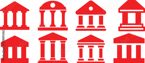 blue building icons, architectural design, various shapes and styles, simple geometric shapes, minimalist digital illustration