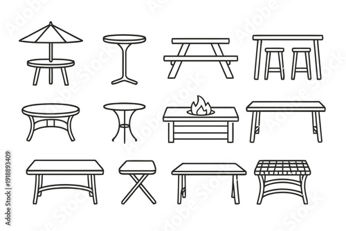Collection of outdoor furniture icons with tables umbrellas and benches for patio and garden decoration