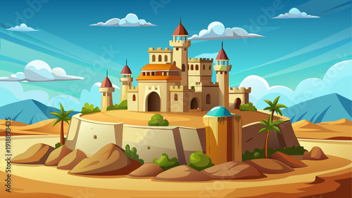 Minimal cartoon vector of a desert castle on a small sand hill with clear sky and clean flat landscape