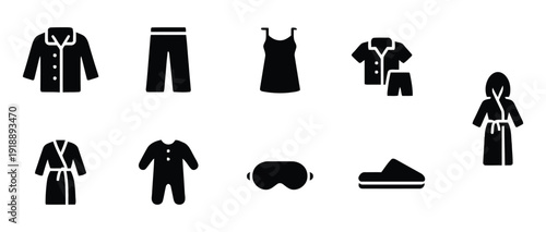 Collection of pajamas and sleepwear icons including robes, pajamas sets, and sleep mask