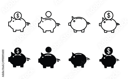 Collection of piggy bank icons with coins in outline and solid fill styles for saving money