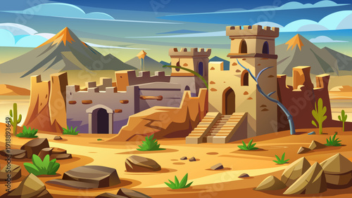 Cartoon vector illustration of a ruined castle in the desert with broken walls and wide sandy environment flat style