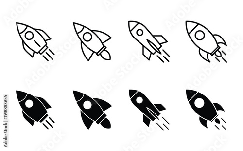 Collection of rocket ship icons in outline and solid styles launching with motion trails