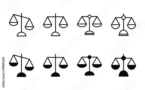 Collection of scales icons for weighing and balance, justice and measurement symbols