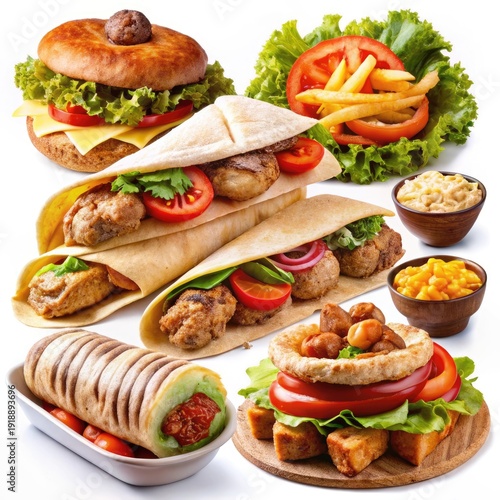 Assorted Fast Food Collection with Grilled Wraps, Sandwiches, and Dips