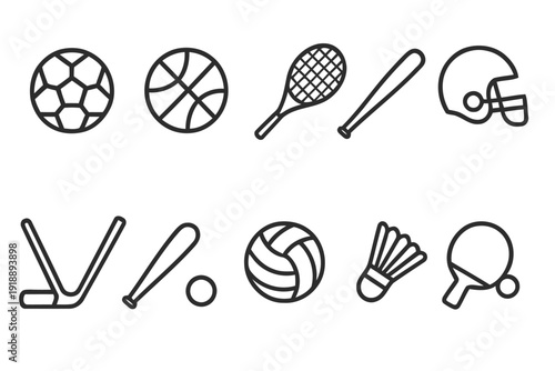 Collection of sport equipment icons vector flat line style.