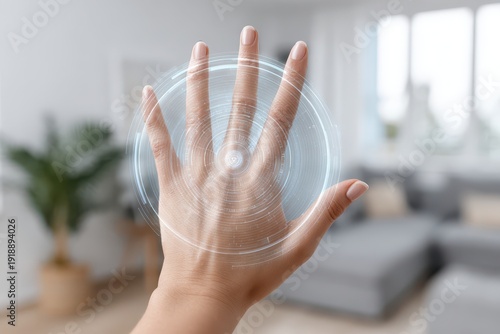 Female hand interacting with a futuristic holographic interface in a modern setting, presenting cutting-edge technology and advanced digital interaction.