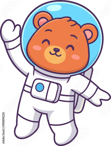 This adorable bear in a spacesuit waves cheerfully, embodying a sense of exploration and wonder, inviting viewers to imagine adventures beyond Earth.