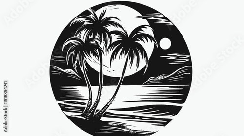 Black and white tropical scene with palm trees silhouette and moon