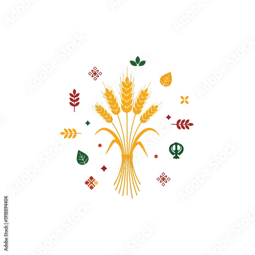 Graphic illustration of a stylized wheat sheaf surrounded by various colorful leaves and shapes on a white background.